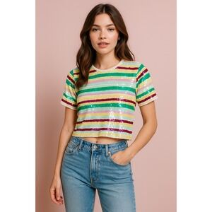Vintage 80s Adrienne Vittadini Sequin Stripe Top Medium  Rainbow Cropped ‎ Retro